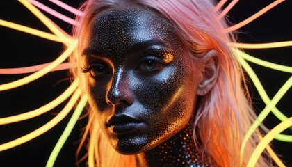 Canvas Print - Woman with Neon Lights and Glitter Makeup.