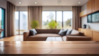 Wall Mural - modern living room, modern living room with table room with a table, Wood table with blurred modern apartment interior background, modern living room with Empty wooden tabletop with blurred living roo