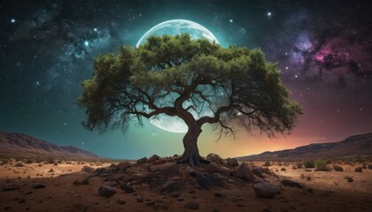 Poster - Solitary Tree Under a Starry Sky.