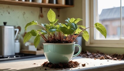 Poster - Green Plant in a Teal Mug on a Counter.