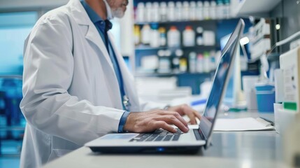 Doctor in lab coat working on laptop, advanced medical technology, healthcare innovation, rear view