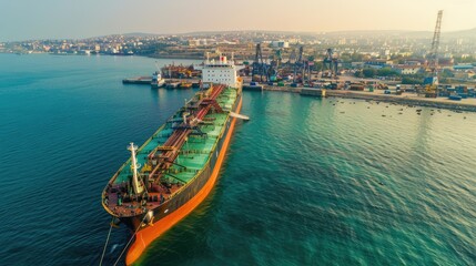 Oil tanker in deep blue ocean, top view, expansive sea, clear weather, minimalistic design, shipping port in the distance