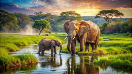 Wall Mural - A majestic mother elephant gently guides her calf through a lush, vibrant meadow, surrounded by serene waters, showcasing a peaceful, idyllic wildlife moment.