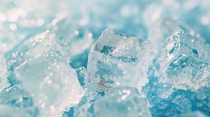 Sticker - Close up of transparent ice cubes on a light blue backdrop with color tone effect