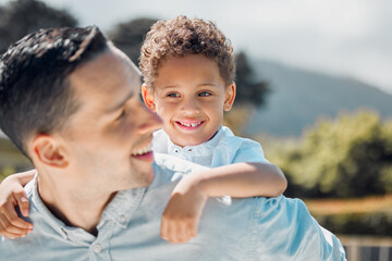 Canvas Print - Dad, boy and piggyback for outdoor fun together with smile, support and bonding time for growth in home. Father, young son and happy hug for safety, love relationship and development in backyard