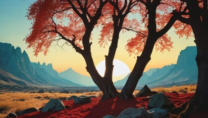 Canvas Print - Red Sunset Through Trees.