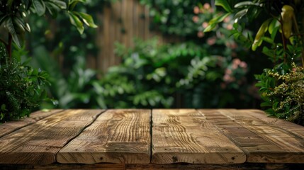 Poster - Wooden table with plants background for product display