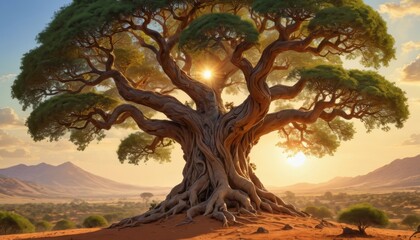 Wall Mural - Ancient Tree in Desert Landscape.