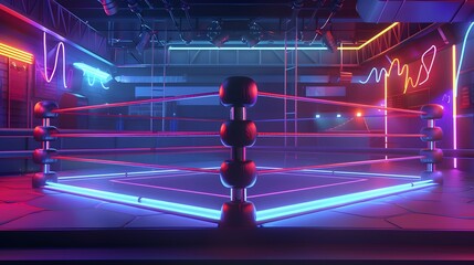 Cartoon mma ring illuminated with neon lights. Vector illustration of arena with ropes for sports competition, wrestling match, night show. Empty seats, blank score screens. Betting app background. 