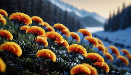 Canvas Print - Yellow Flowers in a Mountainous Landscape.