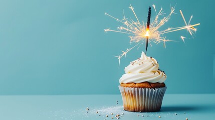 Cupcake with cream and burning sparkler for a birthday or other holiday with a shopping plan on a colored background