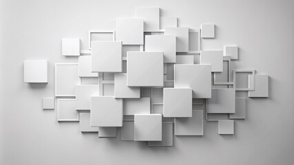 Poster - Minimalist abstract design featuring overlapping white and light grey squares with subtle shadows on a clean white background, evoking elegance and sophistication.