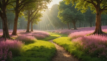 Poster - Sunbeams Through a Forest Path.