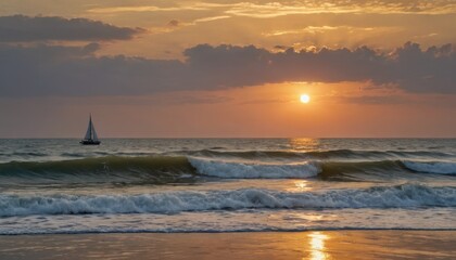 Poster - Sailboat on a golden ocean sunset.