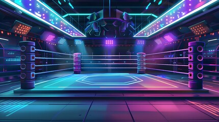 Cartoon mma ring illuminated with neon lights. Vector illustration of arena with ropes for sports competition, wrestling match, night show. Empty seats, blank score screens. Betting app background. 