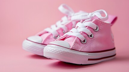 Wall Mural - Cute pink baby girl sneakers close up on pink background