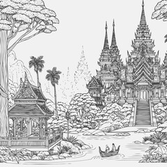 Canvas Print - line art of a buddhist temple