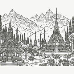 Canvas Print - line art of a buddhist temple