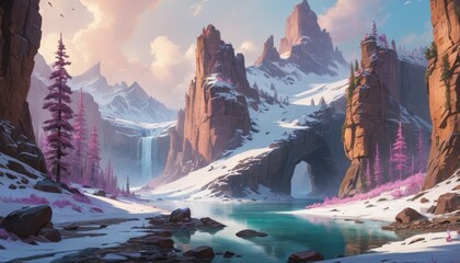 Canvas Print - Frozen Mountains with a Waterfall and a Natural Arch.