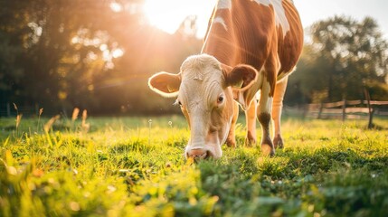 Wall Mural - large brown cow grazing on grassy pasture in bright sunlight