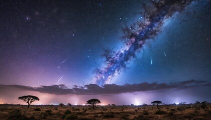 Wall Mural - Milky Way Galaxy Over Grassland With Shooting Stars.