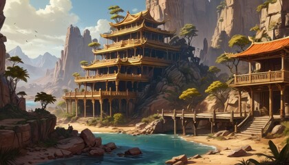 Canvas Print - Golden Pagoda on a Cliffside.