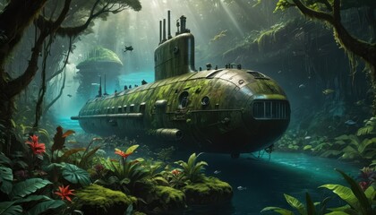 Sticker - Submarine in a Lush Jungle.