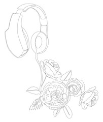 Wall Mural - One continuous line of Headset with rose flowers. Thin Line Illustration vector concept. Contour Drawing Creative ideas.