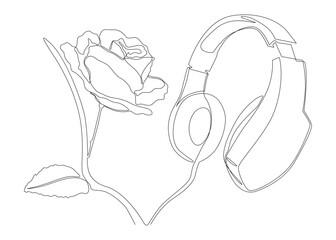 Wall Mural - One continuous line of Headset with rose flowers. Thin Line Illustration vector concept. Contour Drawing Creative ideas.