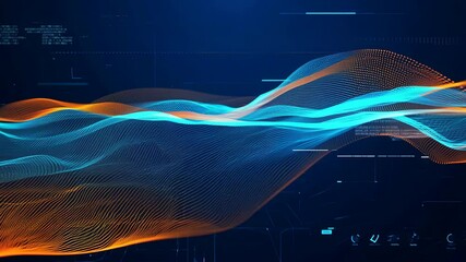 Fototapete - Abstract digital art featuring colorful wave patterns in blue and orange hues against a dark background