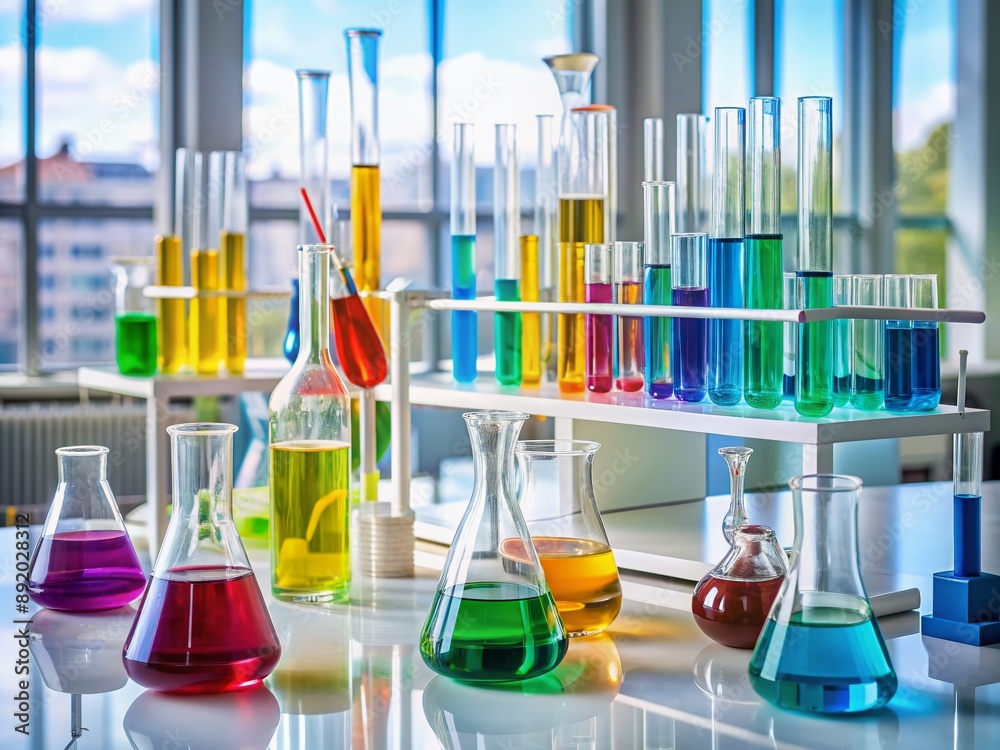 Colorful array of laboratory equipment including beakers, flasks, test ...