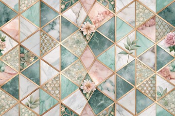 Poster - Elegant abstract geometric pattern on luxurious vintage marble background, featuring subtle floral accents, in soft pastel hues, perfect for modern minimalist design projects.