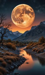 Wall Mural - Full Moon Over Mountains and River.