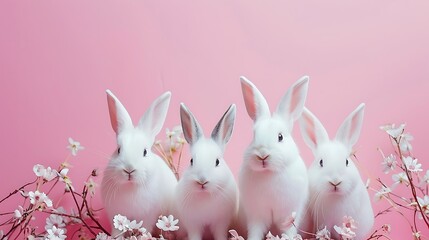 Wall Mural - Easter bunnies over the pink pastel background