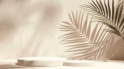 Poster - Minimal abstract background with premium podium and tropical palm leaf shadow for cosmetic product presentation