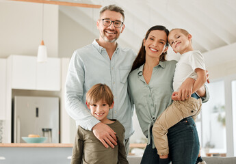 Wall Mural - Family portrait, kids and hug in home for bonding, peace and connection to boys in kitchen. Parents, children and embrace for security or care in childhood, relationship and comfortable or support