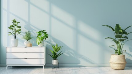 Wall Mural - Decorative white drawers and plants by light wall