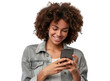 © CozyNessAI - A portrait of a young African American black woman with curly hair looking at her mobile phone and smiling, isolated in a transparent background. Cut out or PNG.