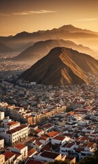 Poster - Cityscape with Mountains at Sunset.