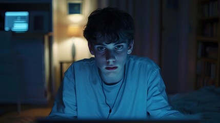 Internet network security concept with young man in the night.