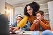 © peopleimages.com - Mother, children and laptop for homework in home, family and child development on website or book. Kids, watching and creativity lesson for education, streaming and elearning with woman assistance