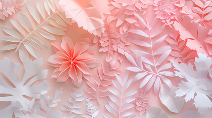 Wall Mural - Elegant pink and white paper cut leaves and flowers background