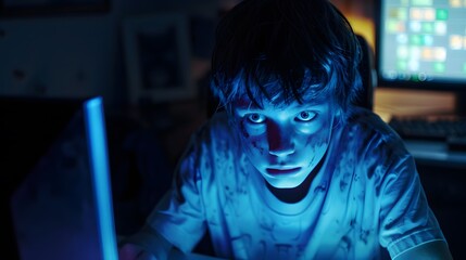 Internet network security concept with young man in the night.