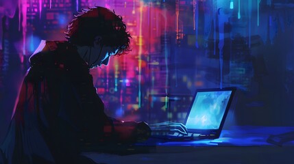 Internet network security concept with young man in the night.