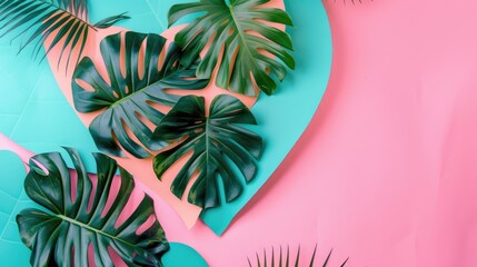 Sticker - Tropical design with Monstera leaves on pastel heart shaped backdrop