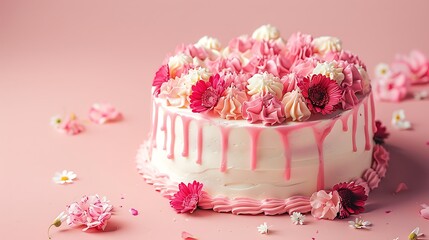 Wall Mural - Flower pink cake and sweet topping with white icing for anniversary and valentine day on pastel background