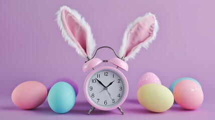 Wall Mural - fluffy bunny ears colorful easter eggs and pink alarm clock on isolated lilac background