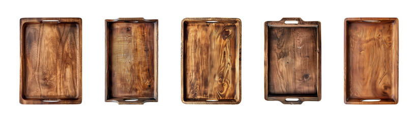 Wall Mural - Collection of wood serving tray, kitchen wooden tray isolated on a transparent background, top view, cut out, PNG