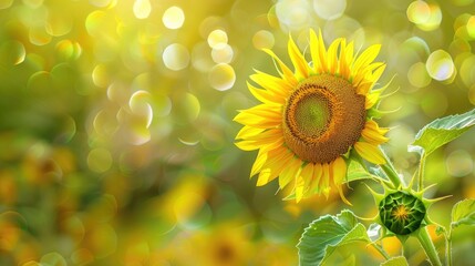 Wall Mural - Blooming sunflower against yellow green natural background with bokeh close up view