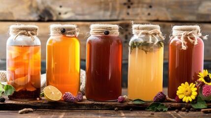 Poster - Fermented kombucha tea with various flavors a nutritious probiotic beverage